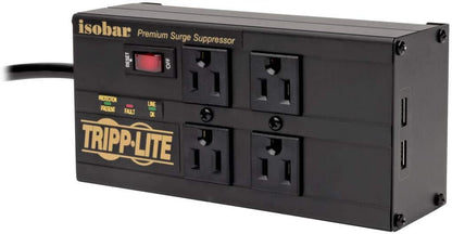 Isobar 4 Outlet Surge Protector Power Strip with 2 USB Charging Ports, 8Ft Long Cord, Right-Angle Plug, Metal, 3330 Joules, Lifetime Limited Warranty & $50K Insurance (Ibar4Ultrausbb),Black